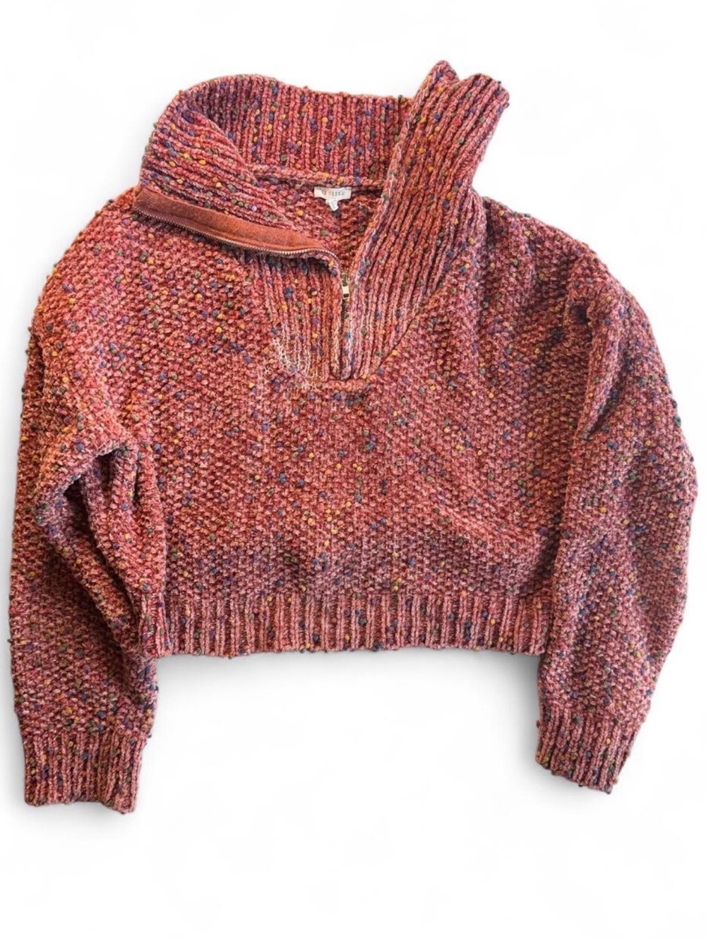 High neck Cropped Marled Half-Zip Sweater - Red Multicolor